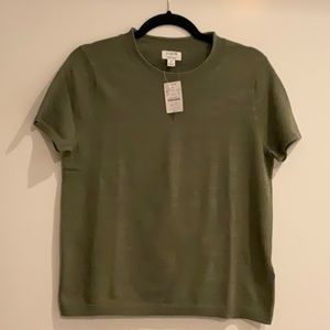J CREW SHORT-SLEEVE LINEN-BLEND CREWNECK SWEATER MEDIUM OLIVE GREEN